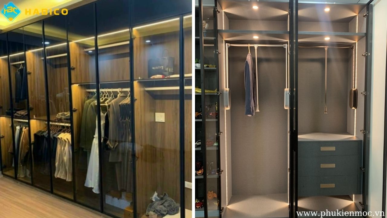 Ứng dụng bản lề cánh kính khung nhôm trong tủ quần áo